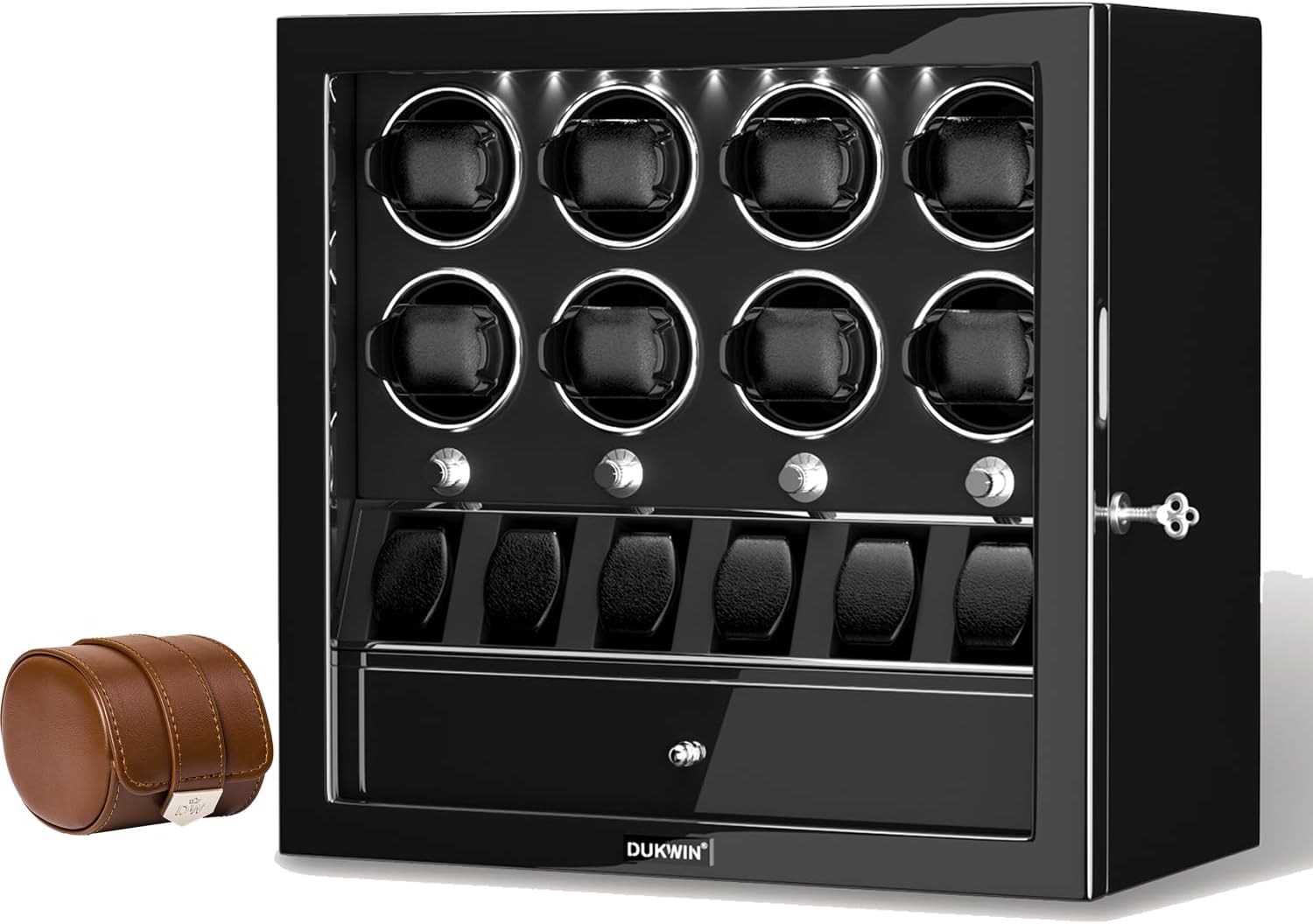 DUKWIN Black Lockable Watch Winders for 8 Automatic Watches and Brown Watch Roll for 1
