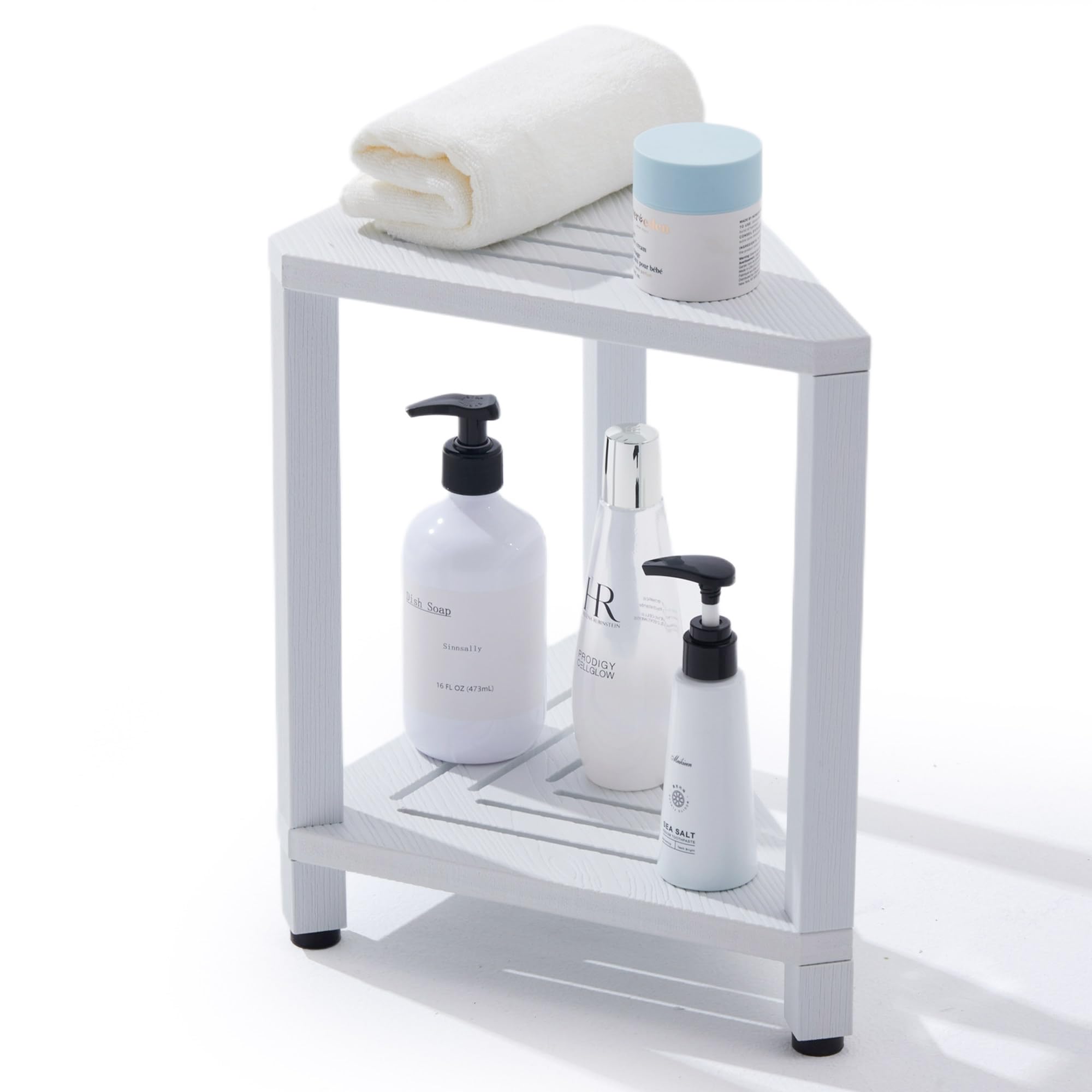 View 1 of ***Legs are missing***
Corner Shower Stool with Storage Shelf, HDPS Waterproof Shower Foot Rest for Shaving Legs, 2-Tier Triangle Bathroom Stool for Inside Shower, Non-Slip Small Shower Bench, White