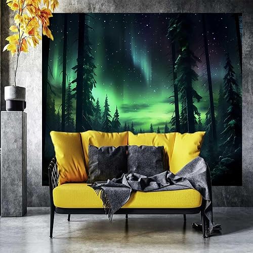 Miniatura 3 de GTOKIE0535 - Tapiz de bosque de auroras boreales de 100 x 90 pulgadas, diseño de pinos brumosos de aurora boreal, decoración estética de meditación