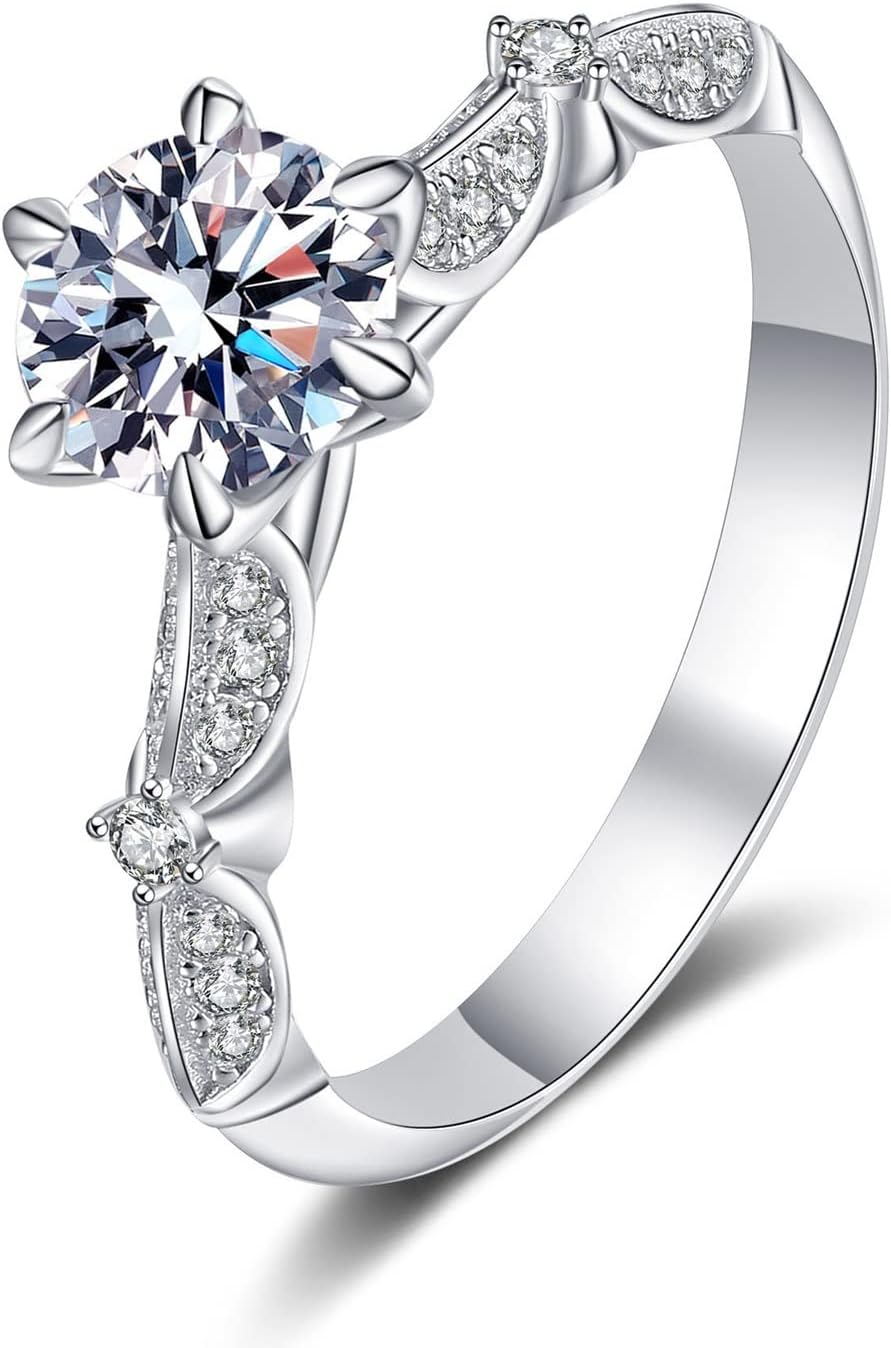 Gualiy Sterling Silver Rings Bands for Women, Silver 6-Prong Solitaire Ring with Moissanite/Zirconia Womens Wedding Rings