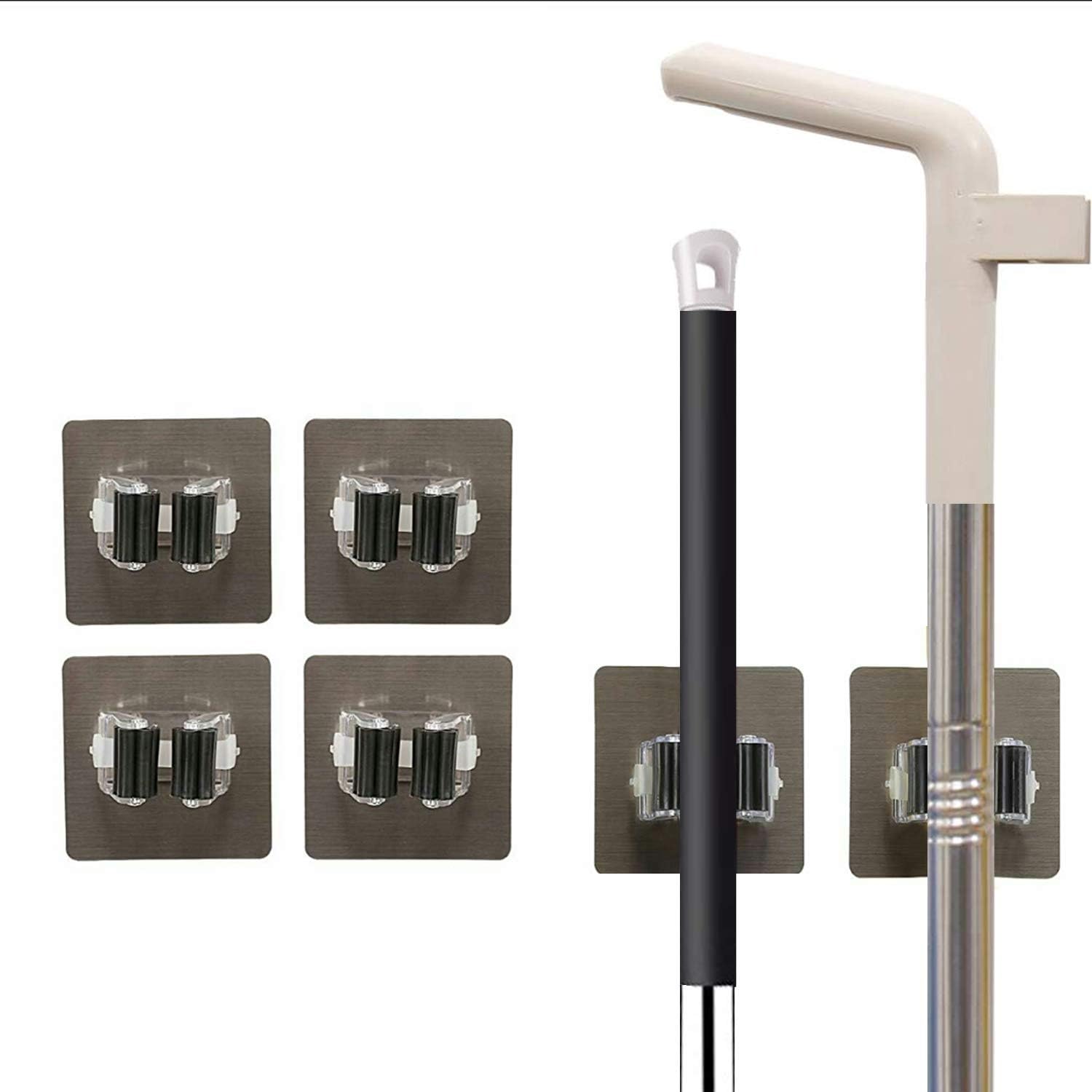 Mop Broom Holder - funvce 4 Pcs Adhesive Brush Holders No Drilling Cleaning Products Organiser Garden Tool Hanger Storage Wall Racks for Closet Kitchen Garage Bathroom