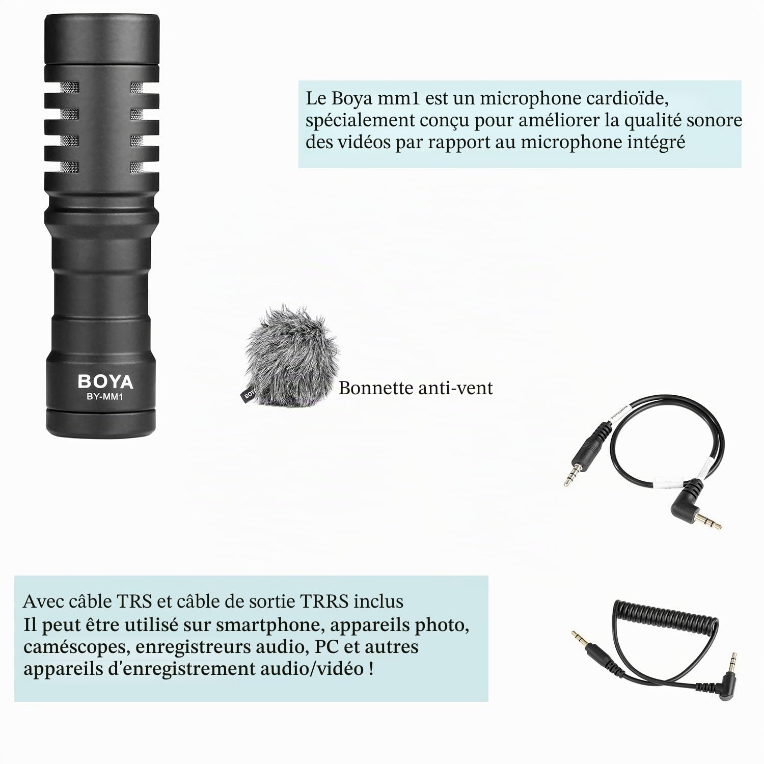 BOYA by-MM1 Microphone pour Appareil Photo pour iPhone, Smartphones Android, appareils Photo Reflex numériques et caméscopes sans Batterie
