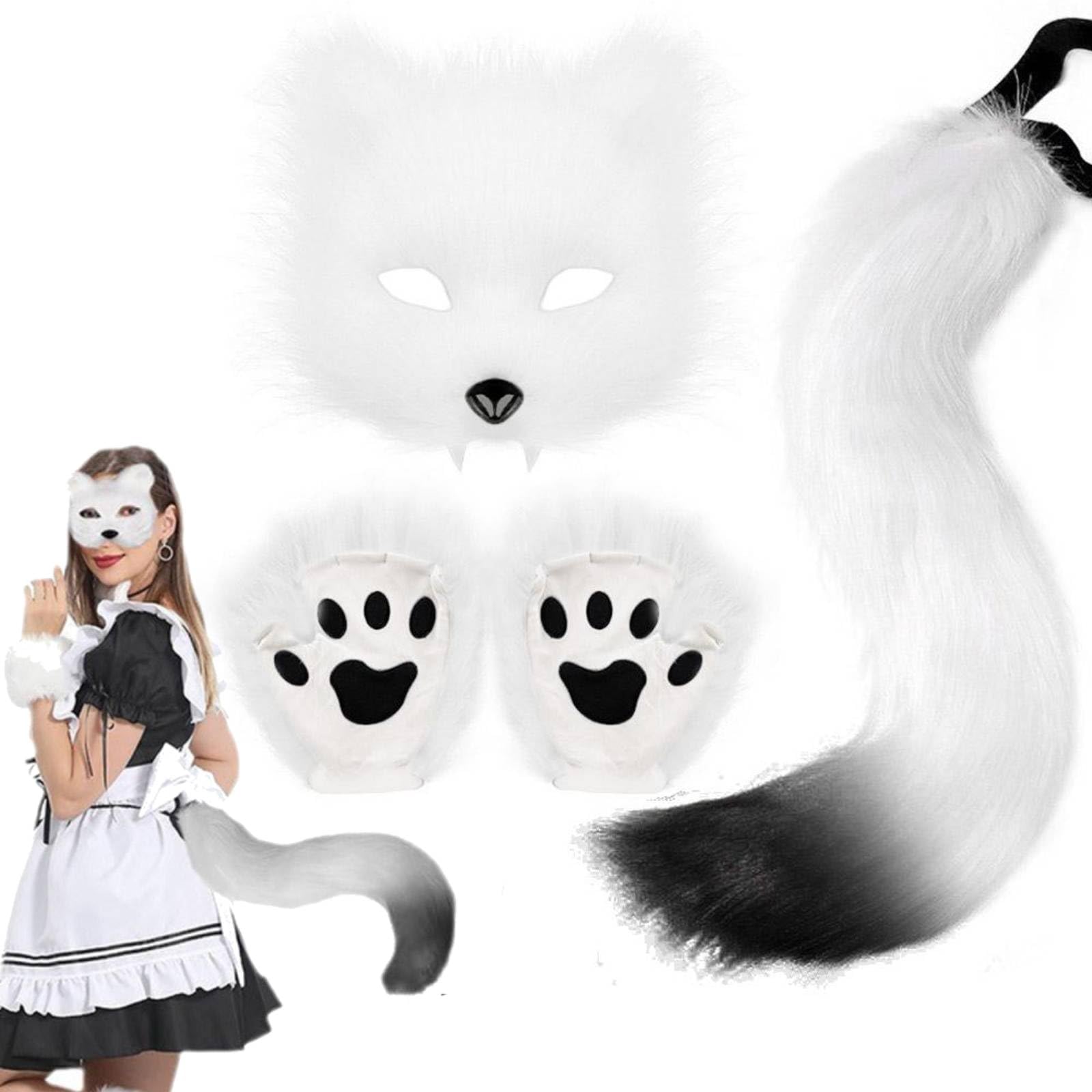 Fo-x Costume 1 Set Realistic Plush White Themed Decorative Therian Gear Includes Fo-x Mask, Fo-x Tail and Fo-x Paws for Masquerade Cosplay Halloween Easter (White)