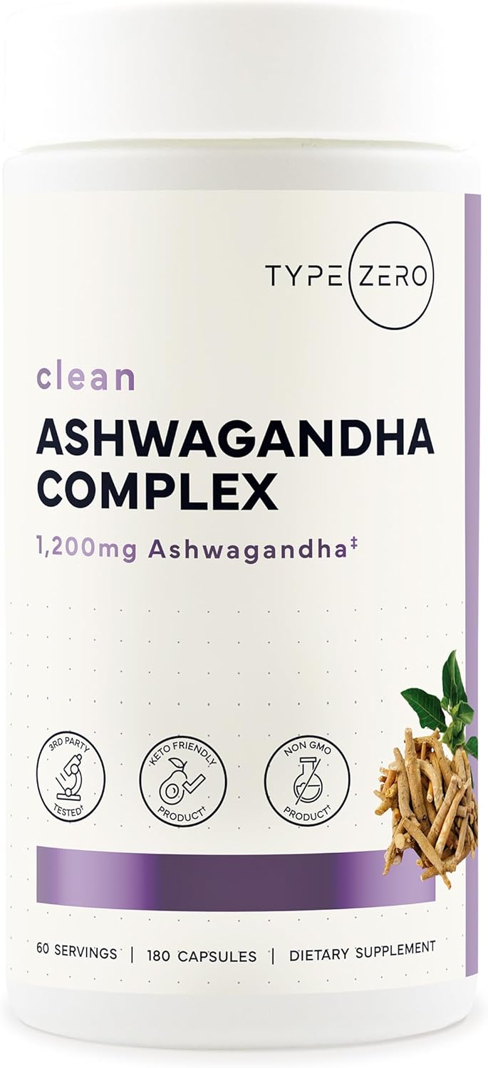 Type Zero KSM-66 Ashwagandha Root Extract 1,200mg, 60 Servings - High Potency 5% Withanolides - with Turmeric, Rhodiola Rosea and BioPerine Black Pepper Extract - 180 Veggie Caps