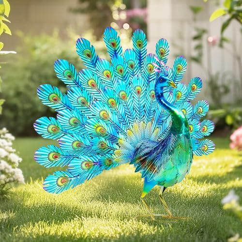 Autodaya 27.5" Metal Peacock Garden Statue with Tail Spread, Handmade 3D Textured Peacock Garden Sculptures Metal Yard Art for Patio, Garden or Entryway
