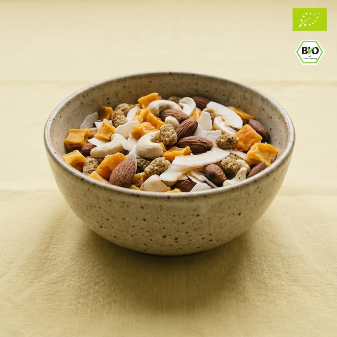 Bio Studentenfutter "Mango-Moment" | 1,0 kg | mit Mangostücken, Cashewkernen, Mandeln, Kokoschips & Maulbeeren | Exotische Nuss-Frucht-Mischung | Vegan
