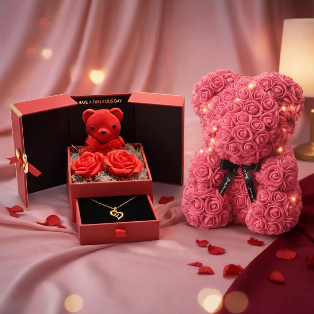 Romantic Teddy Bear Gift with Rose & Necklace - I Love You -13