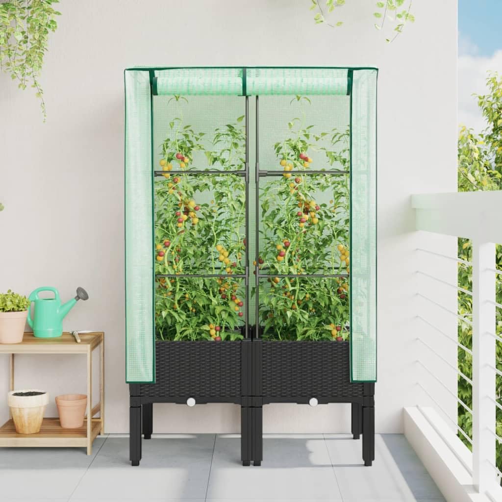 Jardinera con accesorio de invernadero con aspecto de ratán, jardinera para balcón y jardín, marco de hierro estable y cubierta de polietileno, para verduras y hierbas, color negro, 80 x 40 x