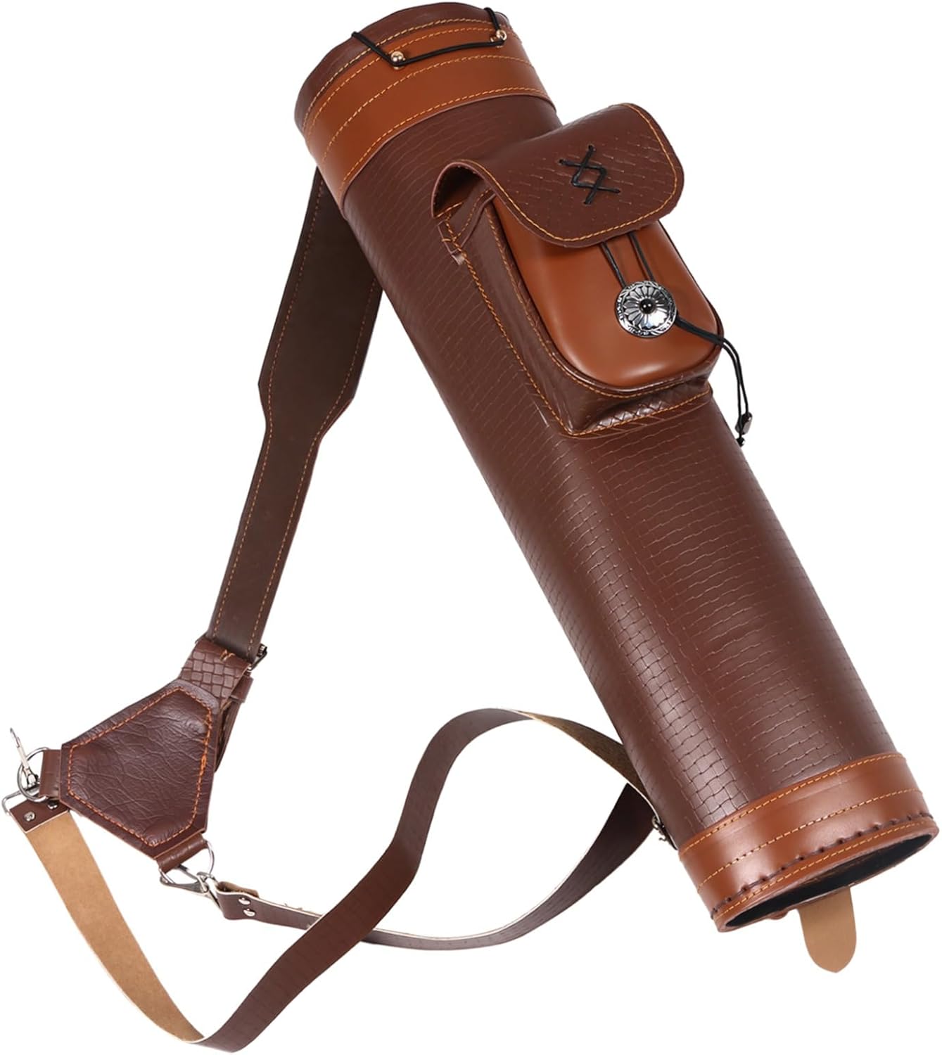 BOSREROY Dark Brown Archery Quiver for Compound Bow, Adjustable Strap, Pu Leather, Cylindrical Holder with Metal Buckle, Perfect for Outdoor Activities
