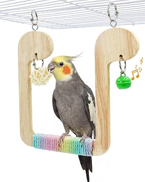 Wood Bird Swing for Cage Budgie with Rattan Ball & Cotton Rope