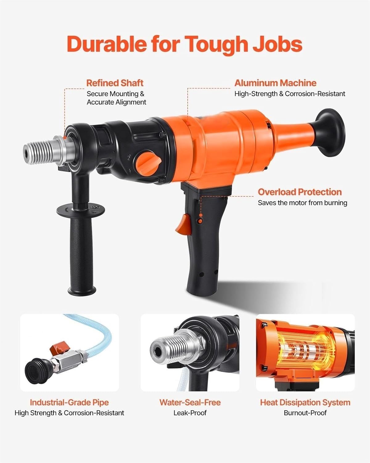 Diamond Core Drilling Machine, 8 in Drilling Diameter, Handheld Dry and Wet Concrete Core Drill Rig with 4 Drill Bits, 1075/2300 RPM 2-Speed, UNC1 1/4-7 Thread, for Concrete Brick Stone, 1800W