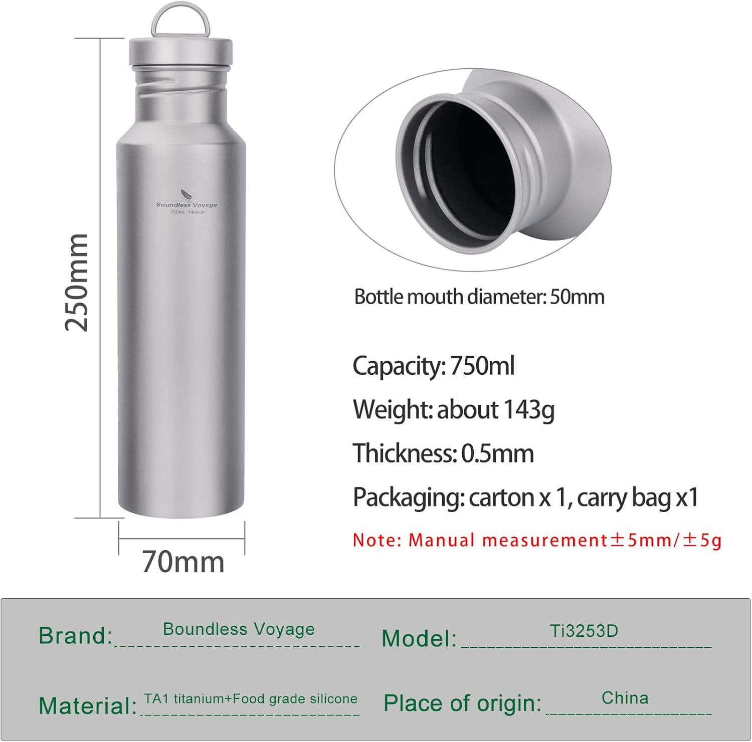 Boundless Voyage Titanium Water Bottle with Lid Wide Mouth Leak-Proof Reusable Sport Drinking Bottle for Camping Hiking Climbing Running Tea Coffee (750ml)