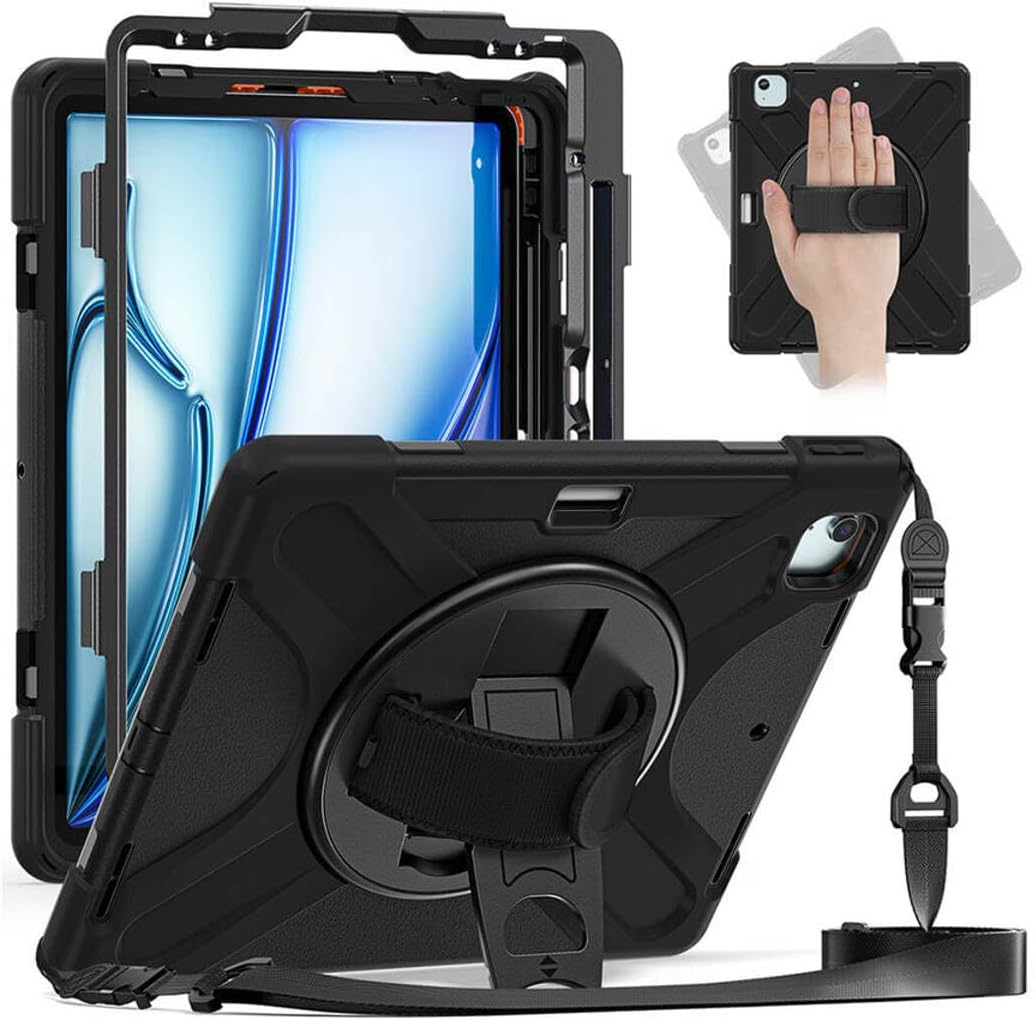 CONSTRAIN - Apple iPad Air 13 2024 ile Uyumlu Tank Kılıf Omuz Askılı 360 Dönen Standlı Tam Koruma Zırh Kapak