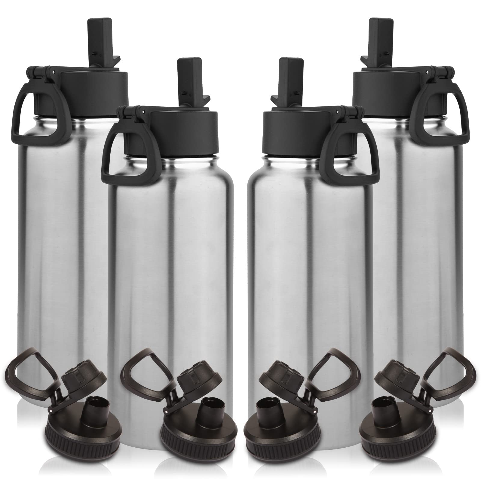 Volhoply 32 oz Water Bottles Bulk 4 Pack with Straw Lid & Spout Lid,Insulated Sports Water Bottle,Double Wall Vacuum Stainless Steel Cups,Leakproof