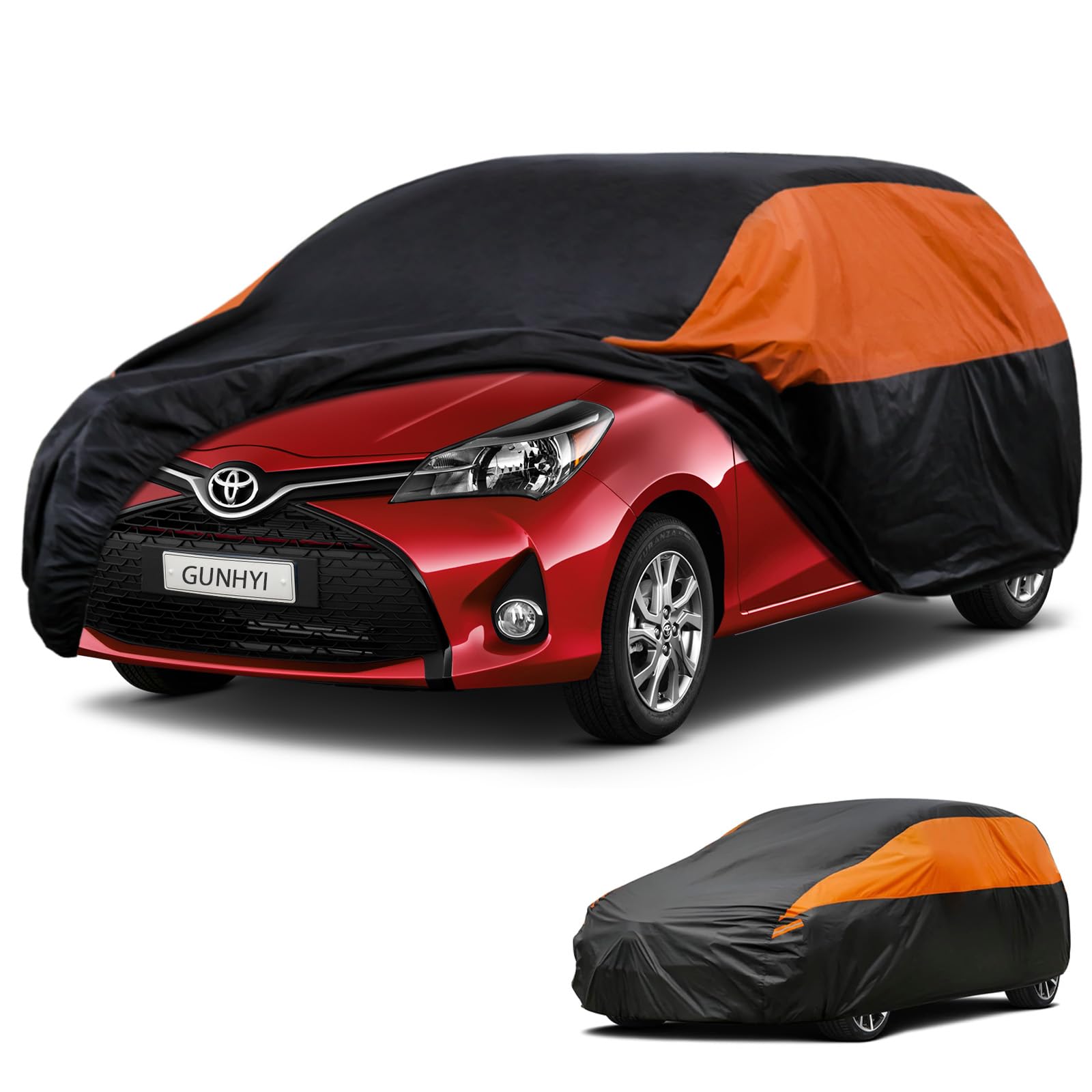 GUNHYI Waterproof Hatchback Full Car Cover Custom Fit Toyota Yaris | All‑weather Outdoor sun/rain/dust/snow/wind/UV protection, breathable lightweight fabric, black‑orange design,storage bag
