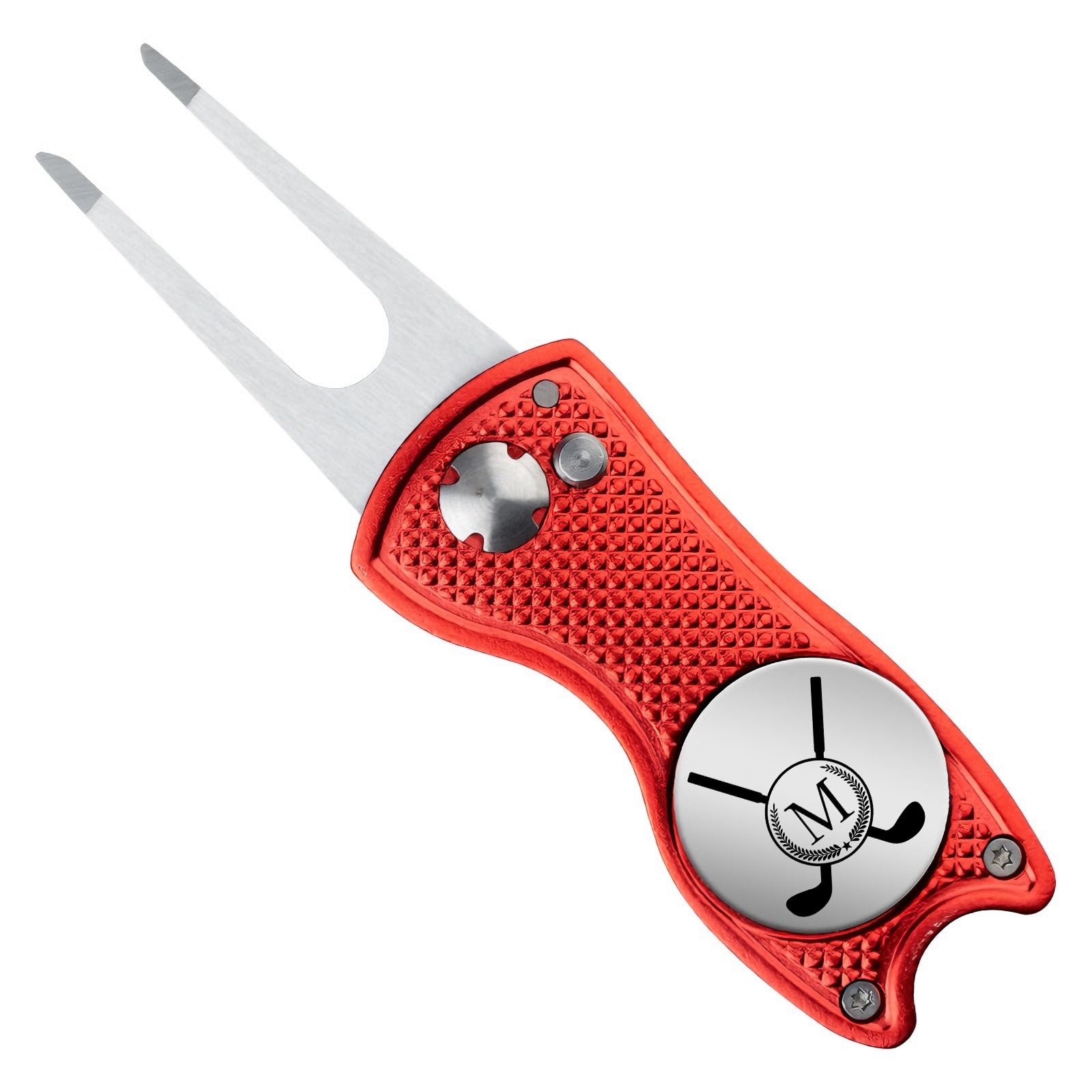 Golf Divot Repair Tool With Pop-Up Button & Magnetic Ball Marker Pitch Mark,Personalised Golf Pitch Mark Repairer Tool With Initial For Professional Golfers (Red Golf Divot Repair Tool, Initial M)