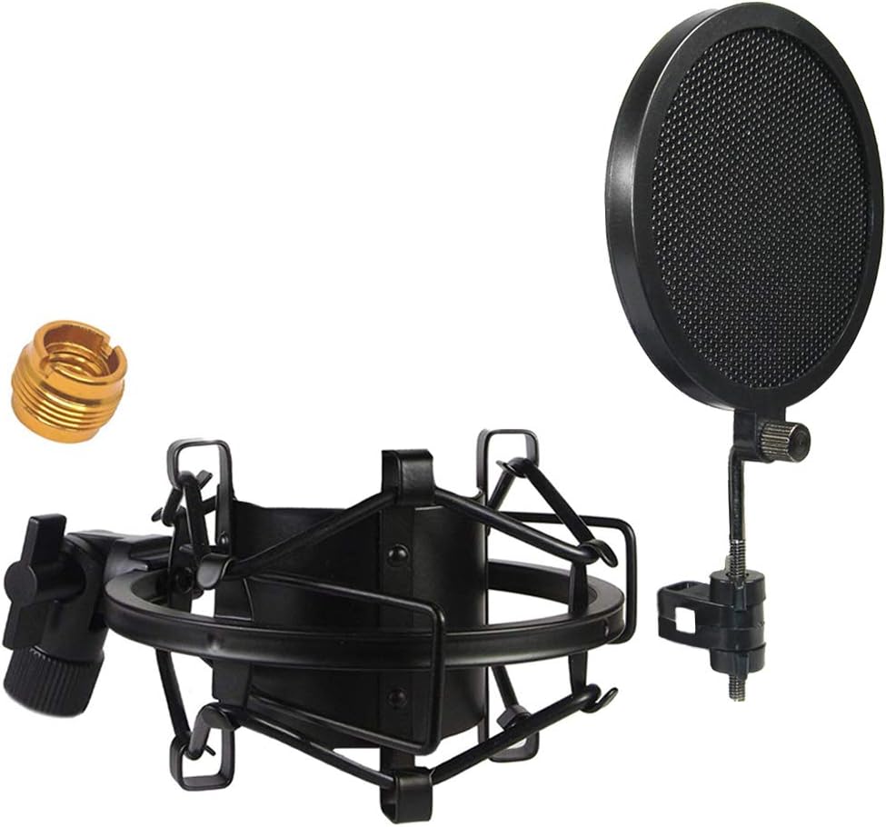 Microphone Shock Mount with Pop Filter, AntiVibration Suspension Universal Shock