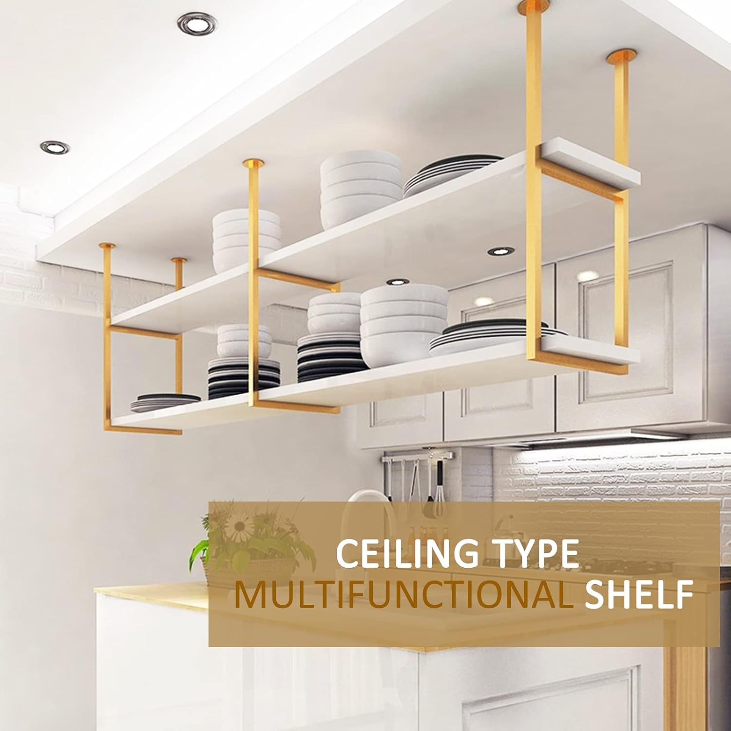 Hanging Ceiling Pot Pan Rack Kitchen Storage Shelving with White Wood Shelf and Gold Metal Iron Frame 60cm/80cm/120cm/150cm Floating Wine Holder Flower Stand Display Rack for Home