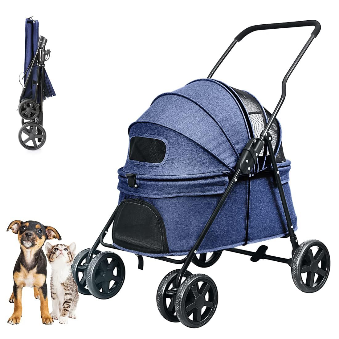 Nastarki Carrito para Mascotas Cochecito Plegable Perros Gatos con Cuatro Ruedas Cesta de Almacenaje y Portavasos Pet Stroller Carrito para Animales de 15 kg Como Máximo (Azul)
