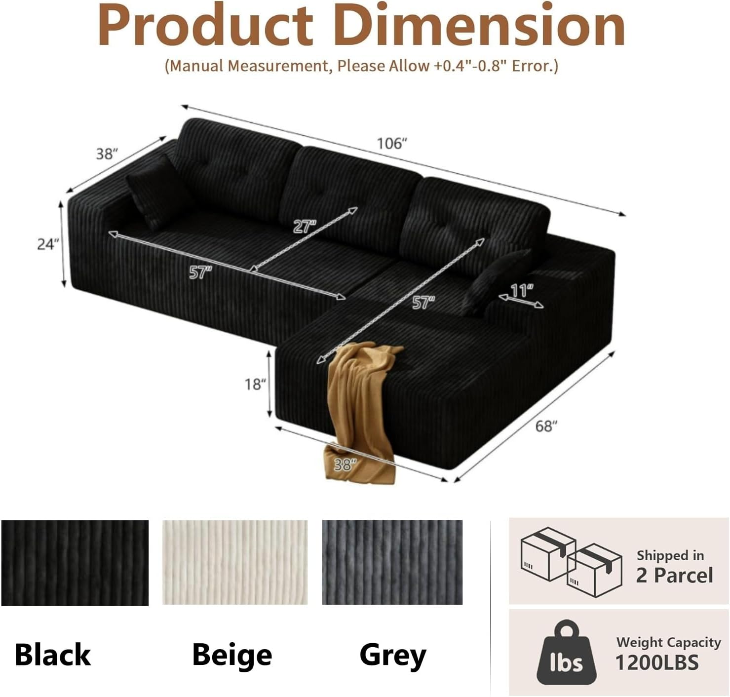 Ball & Cast 106'' Convertible Sectional Sofa for Living Room,Modern Modular L-Shaped Couch,Boneless Comfy Corduroy Fluffy Couch with Deep Seat,Hight Weight Capacity,Right Facing Chaise (Black)