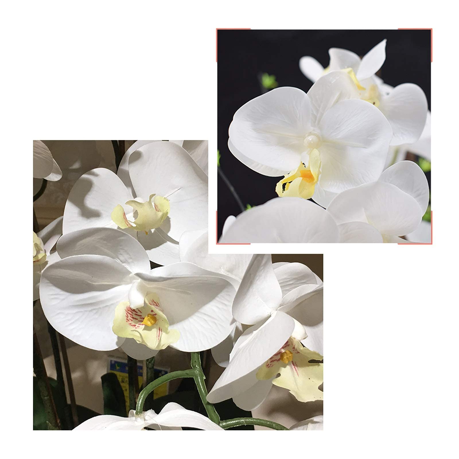 Künstliche weiße Phalaenopsis-Orchideen, 5 Zweige, weiße Schmetterlingsorchideen, Blumenarrangement mit weißer Keramikvase, für Zuhause/Büro/Salon.