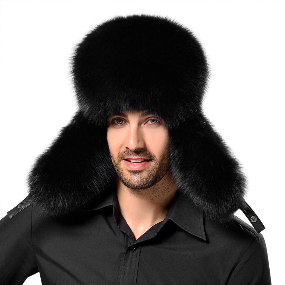 XGOPTS Mens Winter Trapper Hat Warm Bomber Hat Ushanka Faux Fur Russian Cap Waterproof Windproof Earflap Cap for Hunting, Skiing, Cycling (56-62cm) Black