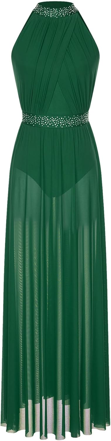 iiniim Womens Lyrical Dance Costume Shiny Rhinestone Mesh Ballet Leotard Dress Performance Dancewear