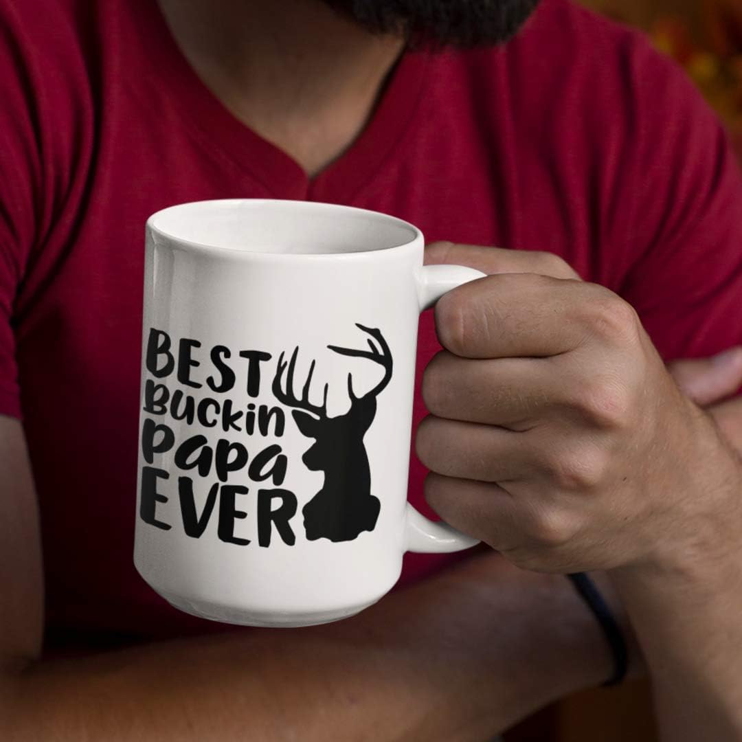 Best Buckin Papa Mug for Grandpa or Dad for Fathers Day Birthday Christmas Funny Deer Hunting Pun 11 or 15 oz. White Ceramic Coffee Tea Cup with Sayings for Men Him