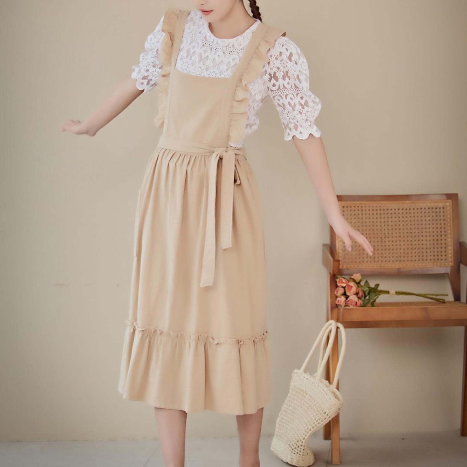Tablier De Cuisine Vintage en Coton pour Femme Beige avec Volants Et Poches pour Cuisine Jardin Poterie Atelier Artisanat Beige,One Size