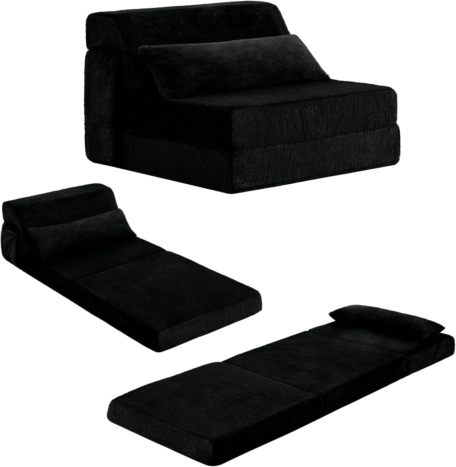 Tiita Folding Sofa Bed with Pillow Single Size Mattress&Plush Fabric with Portable Storage Bag,Floor Lounger Chair Bed for Living Room/Guest Room/Dorm/Apartment/Upstairs Loft/Home Office,Black