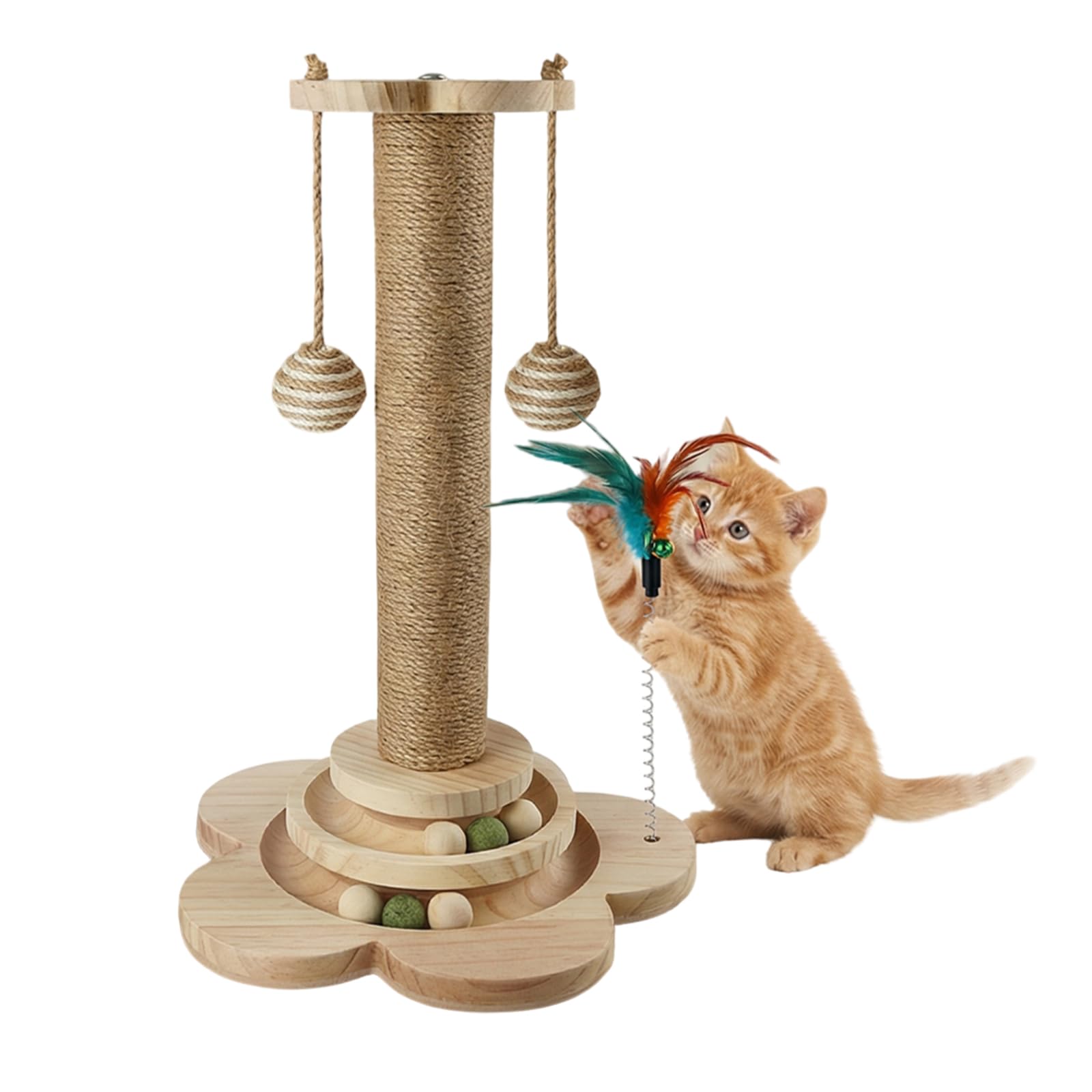 4 in 1 Katzenspielzeug Selbstbeschäftigung, 46cm Kratzbaum mit Hängenden Bällen, natürlicher Sisal-Spielzeug Katze, Interaktives Katzen Spielzeug mit Federn, zum Spielen im Haus