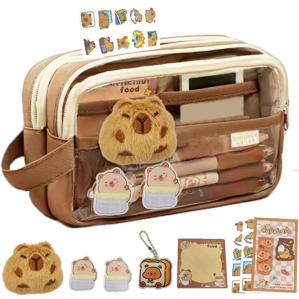 Capybara Pencil Case with Large, Capybara Stationery Set including Stickers,Memo Pad, Plush, Keychain,Cute Pencil Case