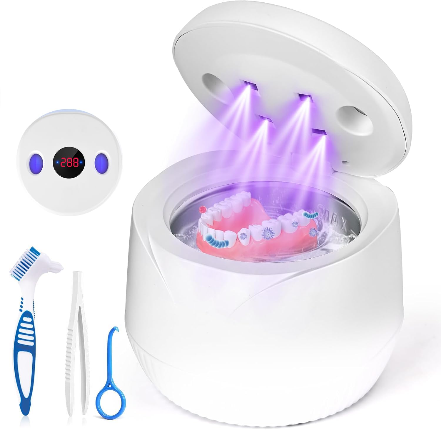 Nettoyeur Ultrasonique Dentaire avec UV, Vanakrr 45000Hz 25W Portable Pod Dentaire pour Gouttières, Prothèses, Attelles et Aligneurs - 4 Lampes UV-C, 200ml, Blanc