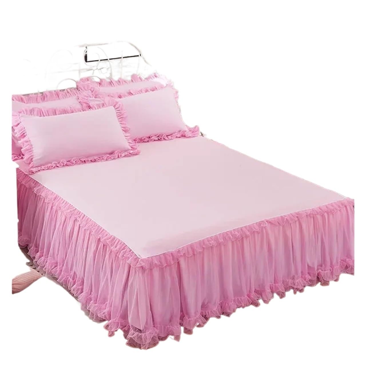Elegant Princess Bed Skirt Non-slip Mattress Cover Ruffled Lace Bed Skirt Bedsheet Protector Bedspread No Pillowcase(Pink,1pc Skirt 200x220cm)
