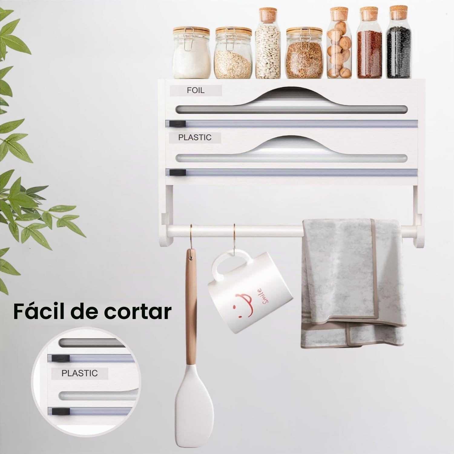 Dispensador Papel Aluminio y Film con Portarrollos Papel Cocina y Estante para Especias, Porta Rollos de Papel Cocina de Bambú, Organizador Papel Aluminio y Film de 30cm de Largo