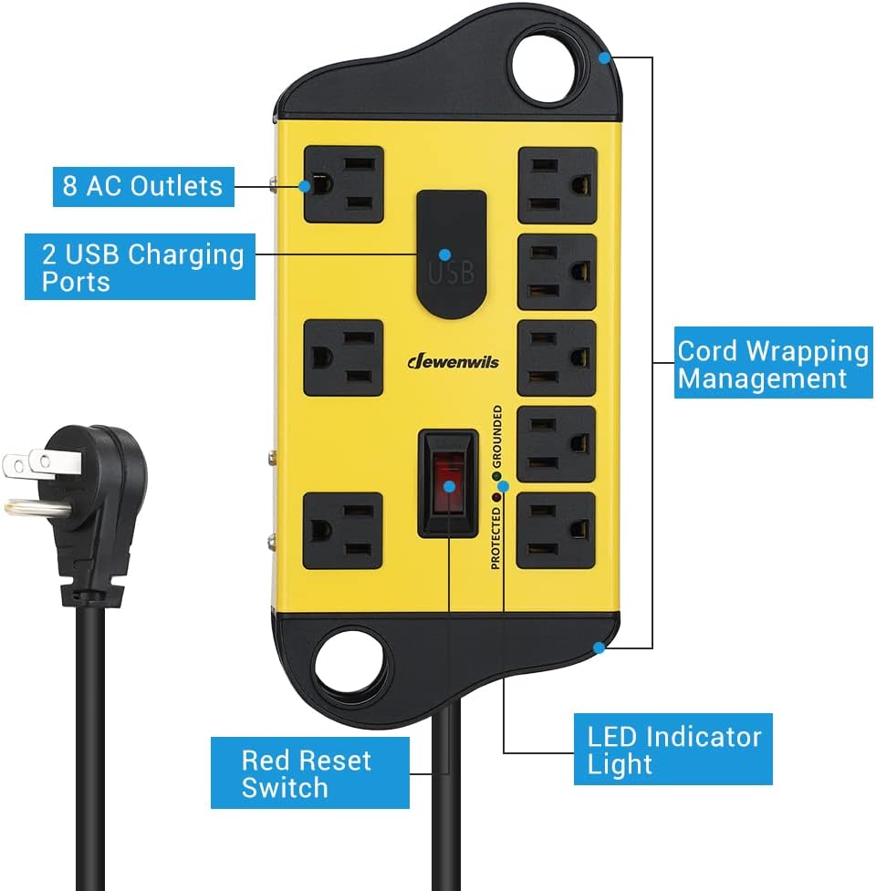 DEWENWILS 8-Outlet Metal Power Strip Surge Protector with 2 USB Ports,15 Ft Flat Plug Extension Cord, Heavy Duty Industrial Power Strip,15A Circuit Breaker, 1440Joules, Wall Mount, UL Listed