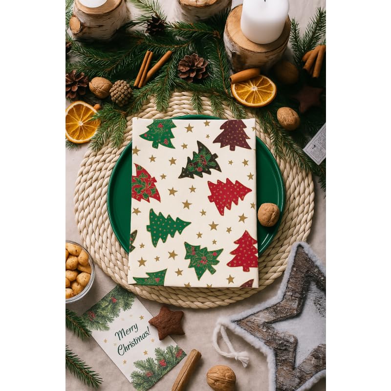 Jolee Cream, Green & Red Christmas Tree Fabric Napkins โ Pack of 4 | 45x45cm 100% Cotton | Soft, Absorbent & Machine Washable โ Perfect for Festive Dinners & Holiday Gatherings