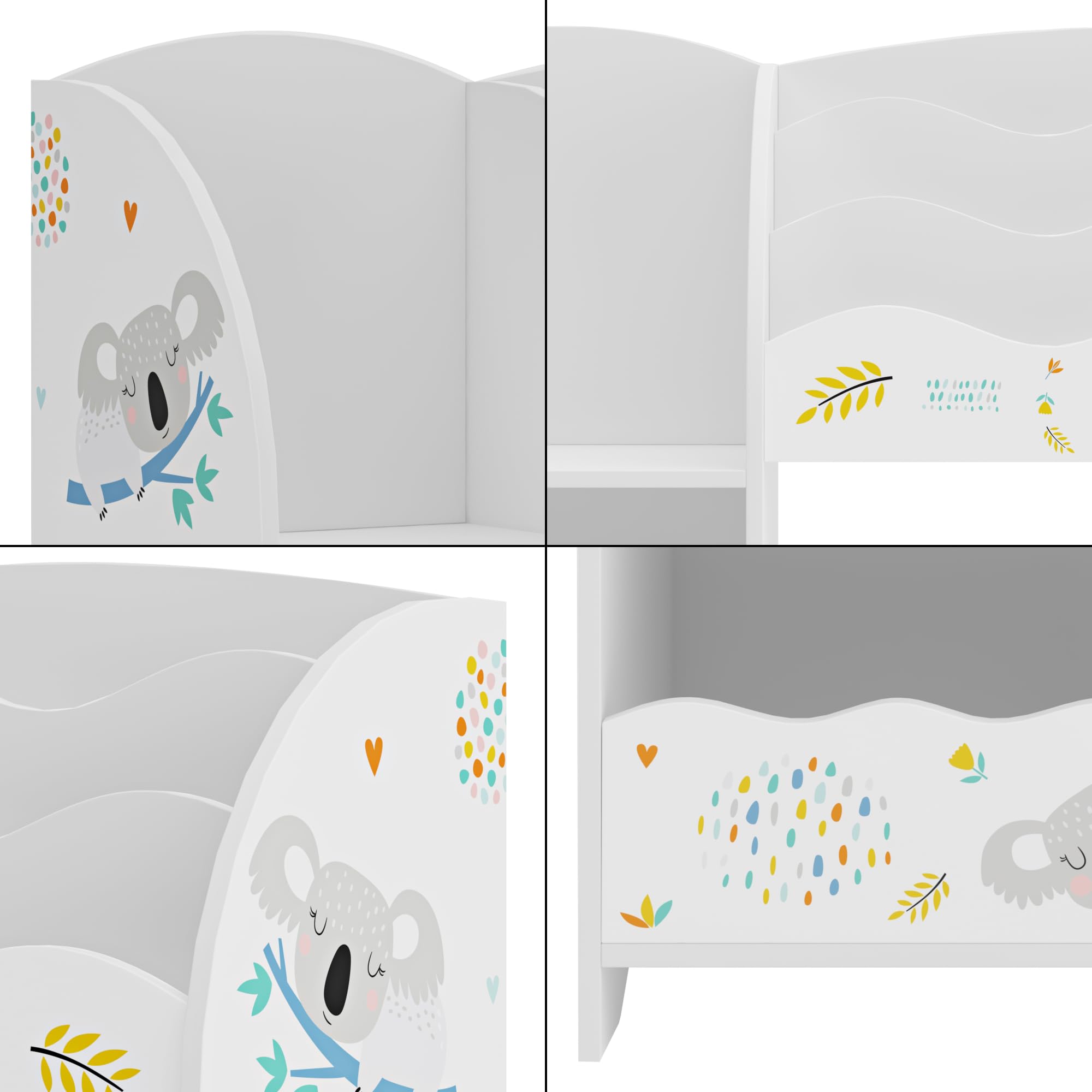 [en.casa] Étagère Enfant avec Compartiments de Rangement Ouverts et 2 Boîtes Meuble de Stockage avec Motif Koala Panneau de Particules Polyester 100 x 93 x 30 cm Blanc Gris