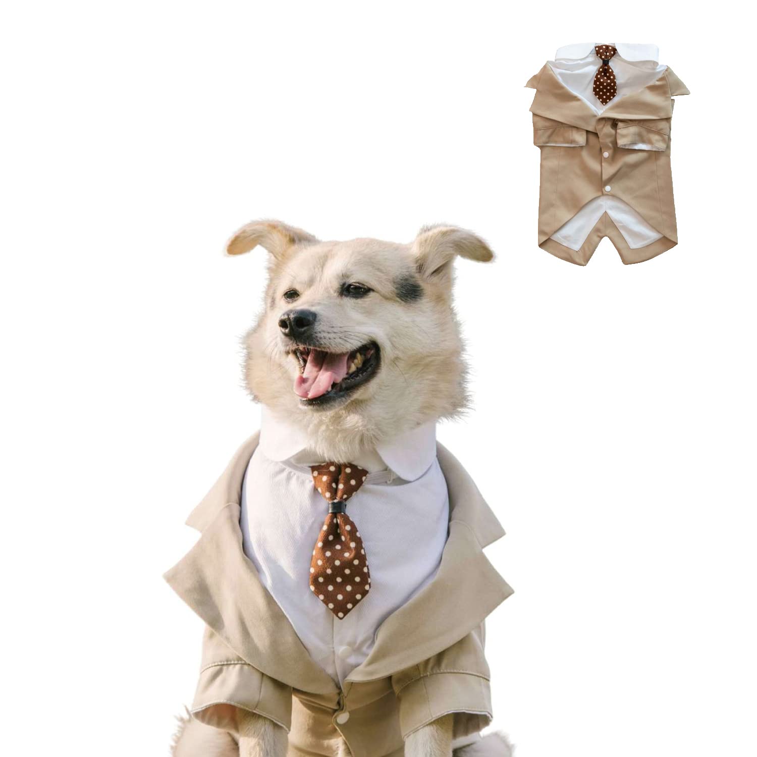 HDKUW Large Dog Wedding Shirt, Dog Tuxedo with Bow Tie, Dogs Wedding Formal Suit, Doggie Prince Gentleman Costume for Medium Large Dogs Khaki 2XL