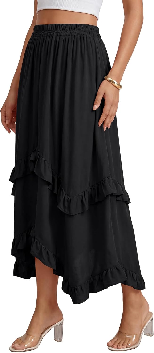 KIFOVEN Women’s Summer Boho Skirt Tiered Ruffle Flowy A-Line Swing Asymmetric Hem Beach Long Maxi Skirt - Image 4
