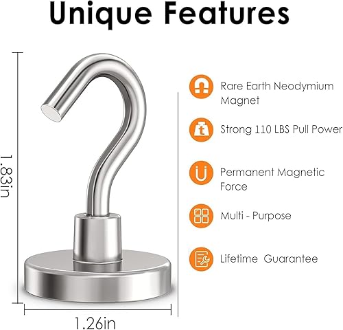 Miniatura 2 de Ganchos Magnéticos de Servicio Pesado, Ganchos Fuertes de 110 libras para Colgar, Imanes con Gancho para Cabinas de Crucero, Parrilla, Refrigerador,