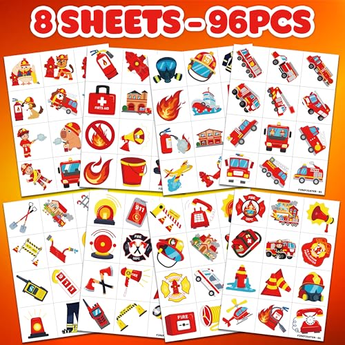 Image of 96 PCS Firefighter Firetruck Pre-Cut Temporary Tattoos for Kids | | Super Cute Themed Birthday Party Favors, Supplies, Decorations, Fake Tattoo Stickers Rewards & Gifts For Boys & Girls