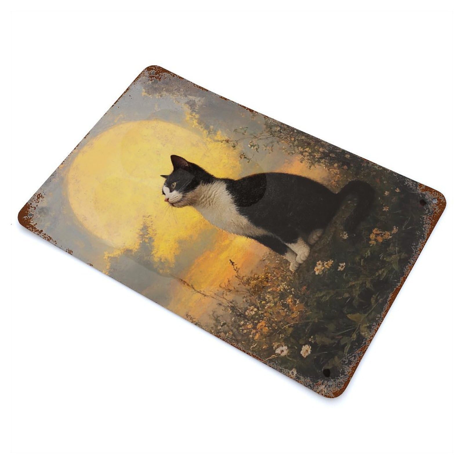 Rust Effect Cat Gazing at The Moon Aged Metal Wall Plaque 11.8"x7.9", Rustic Home Decor for Bistro, Counter And Cafe Decor