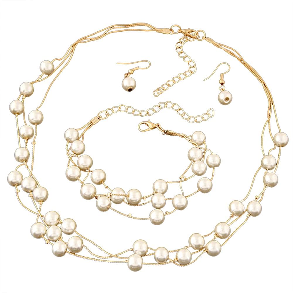 Kilener Gold Layered Pearl Necklaces for Women Faux Pearls Necklace Bracelet Earring Set for Women Multi Layered Pearl Choker Necklaces