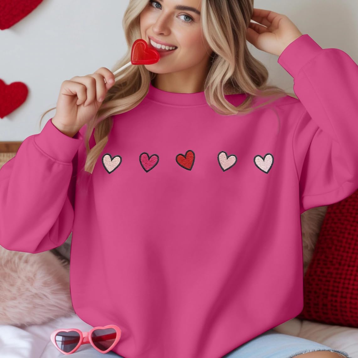 Valentine Sweatshirts for Women Heart Embroidery Sweatshirt Valentines Day Shirts Casual Valentine Pullover Tops - Image 2