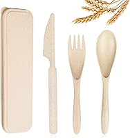 Vista 1 de Juego de utensilios de viaje reutilizables con estuche, cuchillo portátil de paja de trigo beige, tenedor, cucharas, vajilla, cubiertos ecológicos