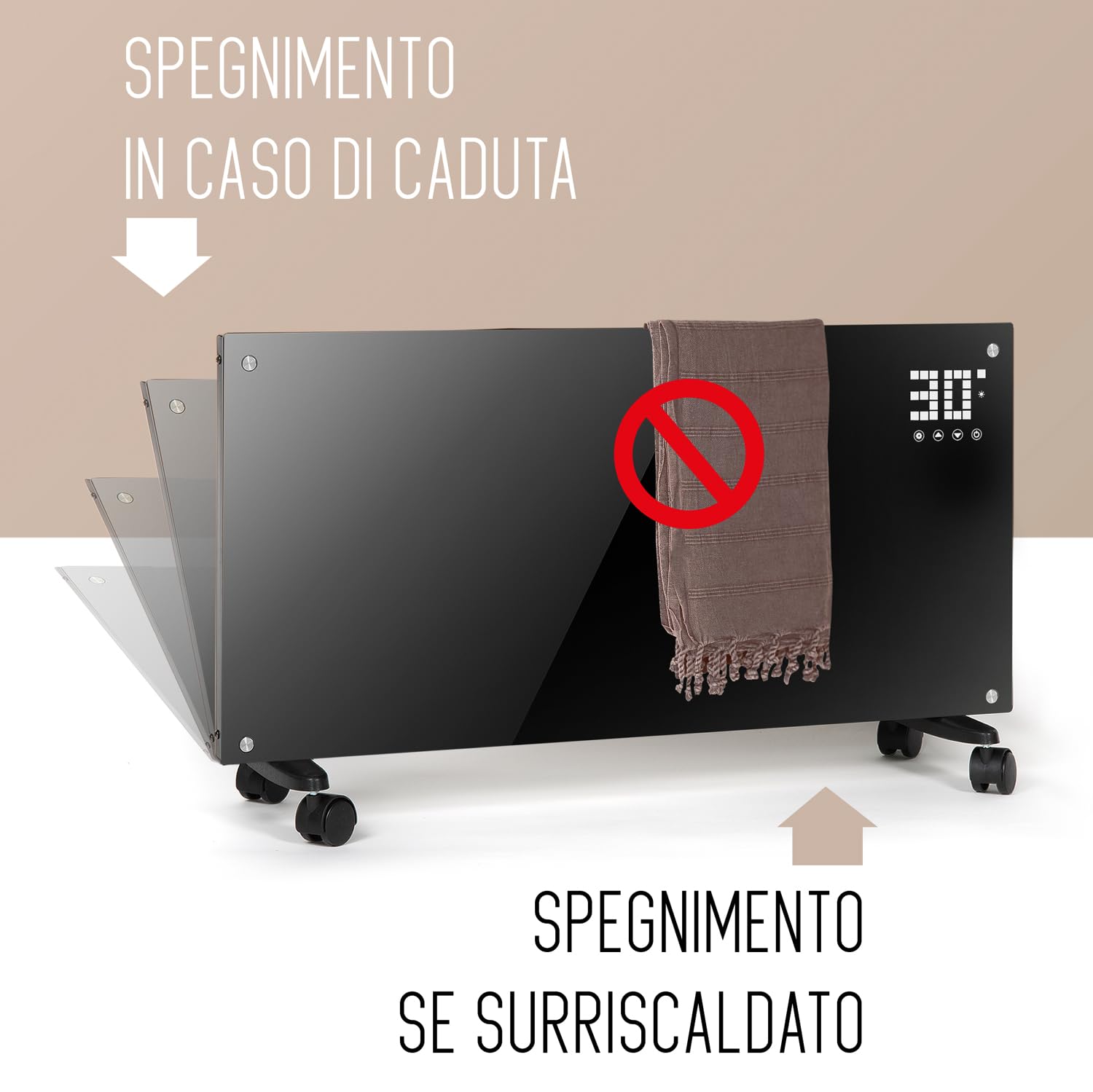 Stufa Elettrica Basso Consumo 2000W (Modalità ECO 1000W), Termoconvettore con Ruote + Montaggio a Parete, Vetro Temperato, Display Touch + Timer + Telecomando, Stufetta con Termostato, Nero