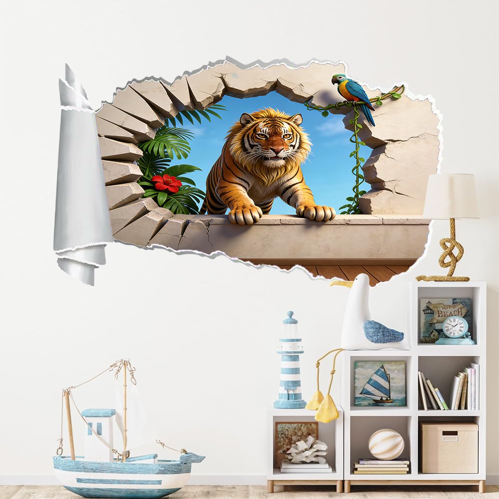 Pegatinas de decoración de pared 3D Tigre Pegatinas De Pared Calcomanías Murales De Pared Rotas 3D Loro De Flores Vinilo De Pared Arte Hogar Decoración De Pared