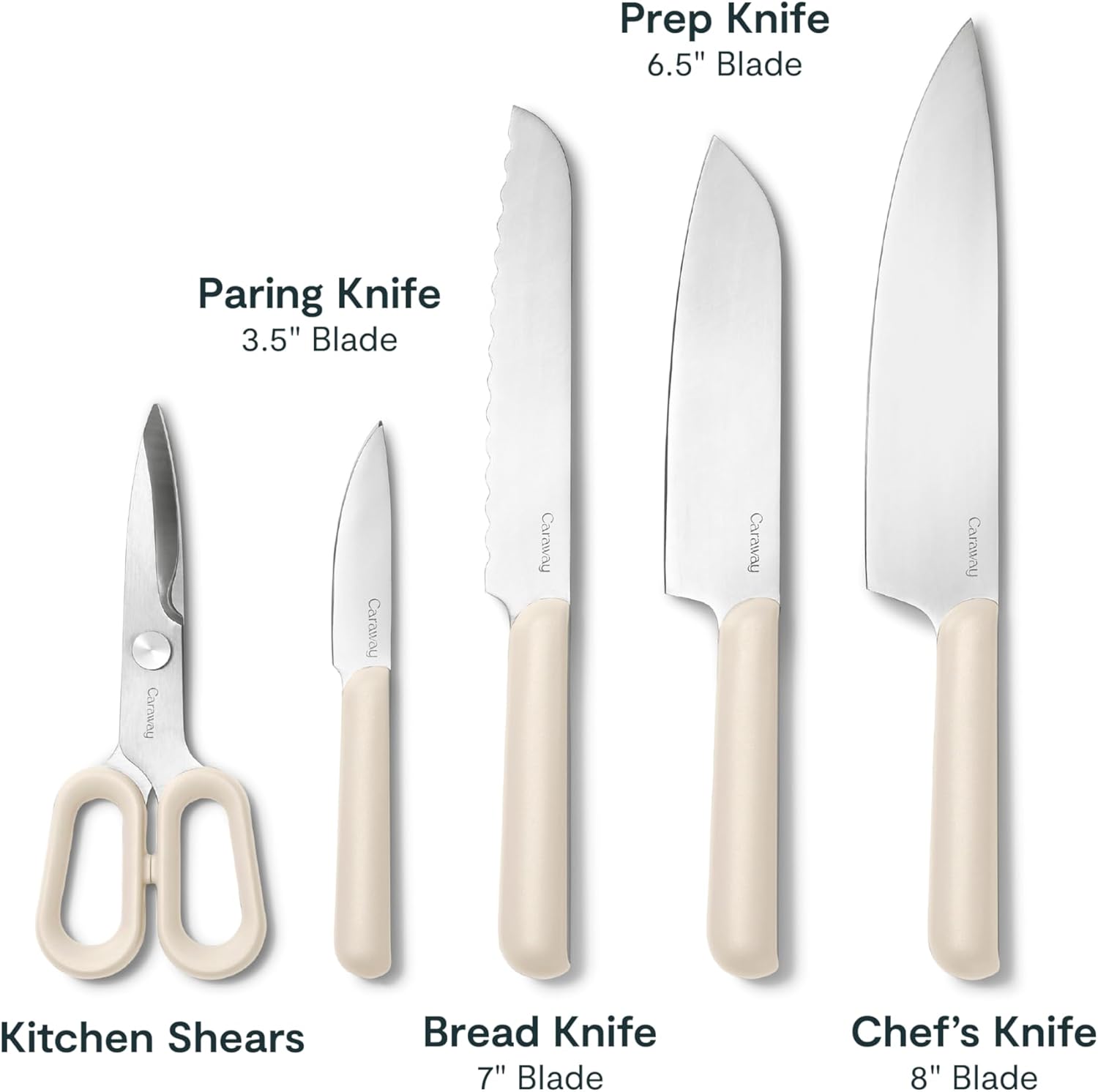 Caraway 5 Piece Knife Set - Premium German Steel Blade Kitchen Knives - Ergonomic Handles - No Microplastics - Cream