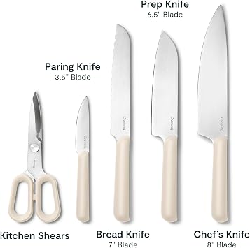Caraway 5 Piece Knife Set - Premium German Steel Blade Kitchen Knives - Ergonomic Handles - No Microplastics - Cream